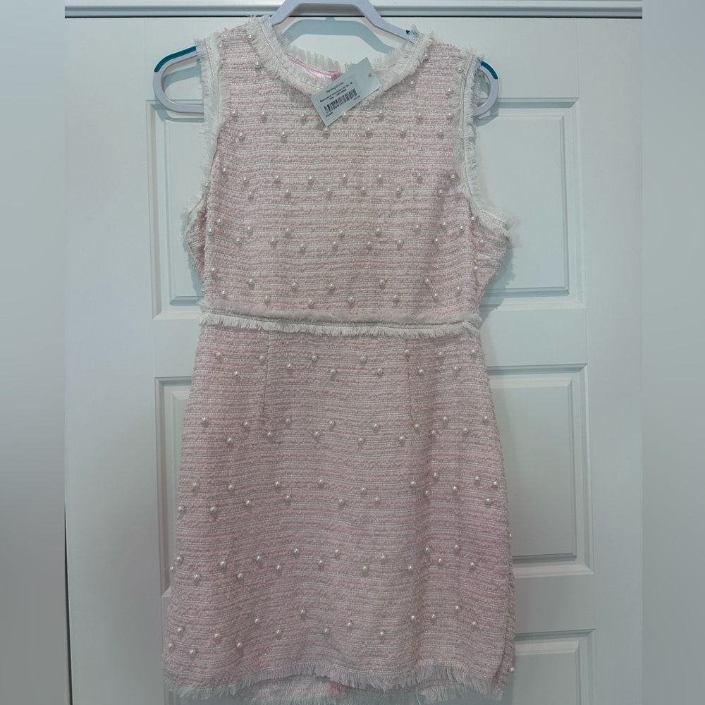 Elegant Pink Sleeveless Dress with Pearl Accents